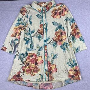 Soft Surroundings Tunic Top Women Large Floral Button Up 3/4 Sleeve Tiered Back